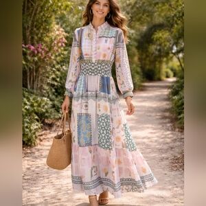 Boho Patchwork Colorful Floral Empire Waist Maxi Dress Cottage Medium